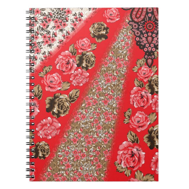 Vibrant red fabric featuring intricate floral and  notebook (Front)