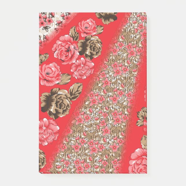 Vibrant red fabric featuring intricate floral and  post-it notes (Front)