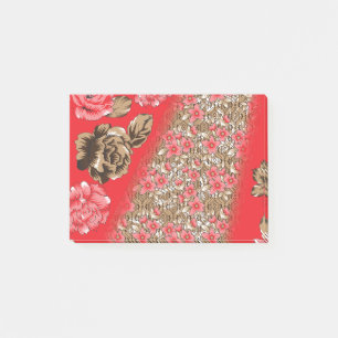 Vibrant red fabric featuring intricate floral and post-it notes