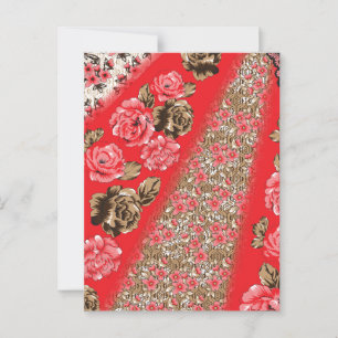 Vibrant red fabric featuring intricate floral and postcard