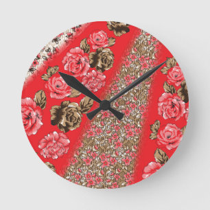 Vibrant red fabric featuring intricate floral and round clock