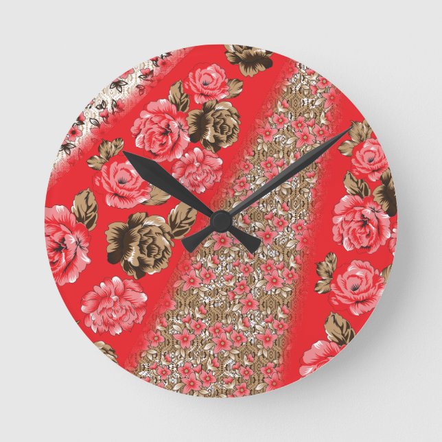 Vibrant red fabric featuring intricate floral and  round clock (Front)