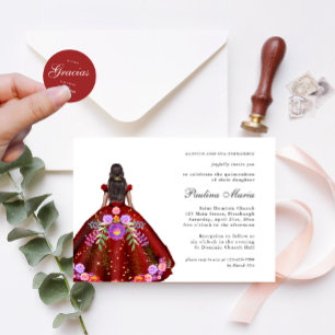 Vibrant Red Fiesta Floral Quinceañera Invitation