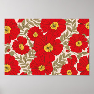 Vibrant Red Floral Pattern with Olive Green Leaves Poster