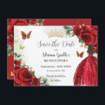 Vibrant Red Floral Princess Dress Gold Quinceañera Save The Date<br><div class="desc">Personalise this pretty red floral Quinceañera / Sweet 16 birthday save the date easily and quickly. Simply click the customise it further button to edit the texts, change fonts and fonts colours. Featuring a girl dressed in a beautiful glittery red ball gown, vibrant red roses, butterflies and gold elements. Matching...</div>