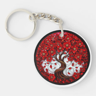 Vibrant Red Flower Tree with Stylish Details Key Ring