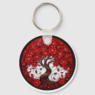 Vibrant Red Flower Tree with Stylish Details Key Ring