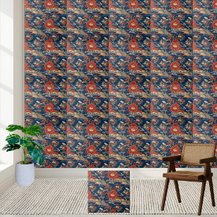 Vibrant Red Flowers and Blue Chinoiserie Landscape Tile