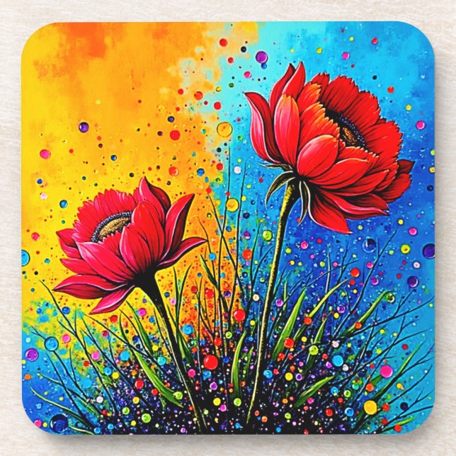 Vibrant Red Flowers Pop Art Print Coaster (Front)
