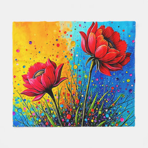 Vibrant Red Flowers Pop Art Print Fleece Blanket