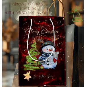 Vibrant Red Gold Snowman Mouse Christmas Gift Bag