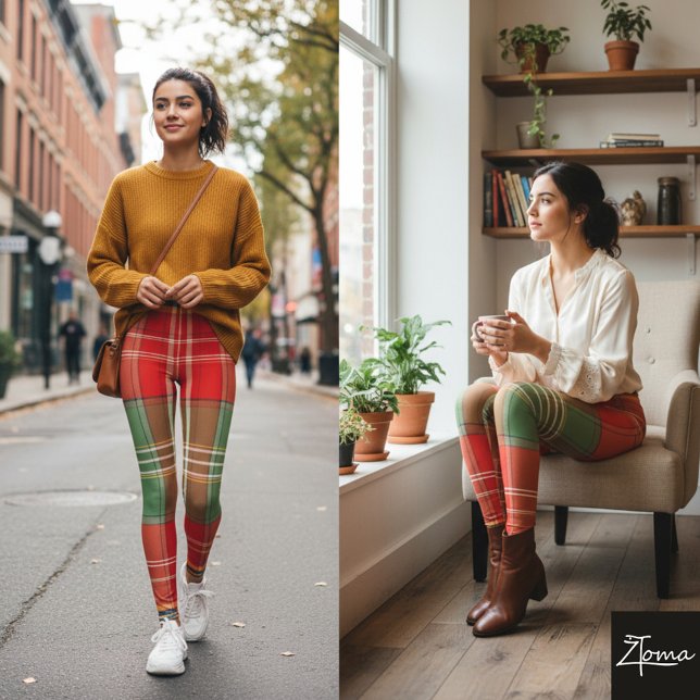 Vibrant Red Green Large-Scale Plaid Leggings (Creator Uploaded)