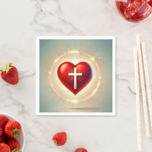 Vibrant Red Heart Christian Cross Decoupage Napkin