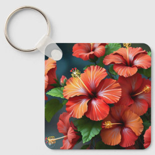 Vibrant Red Hibiscus Flowers-76894 Key Ring