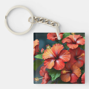 Vibrant Red Hibiscus Flowers-76894 Key Ring