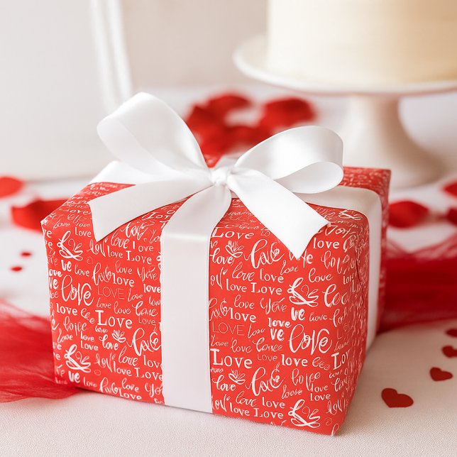 Vibrant Red Love White Script Valentine's Day Wrapping Paper (Creator Uploaded)