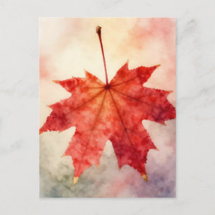Vibrant Red Maple Leaf Watercolor Postcard