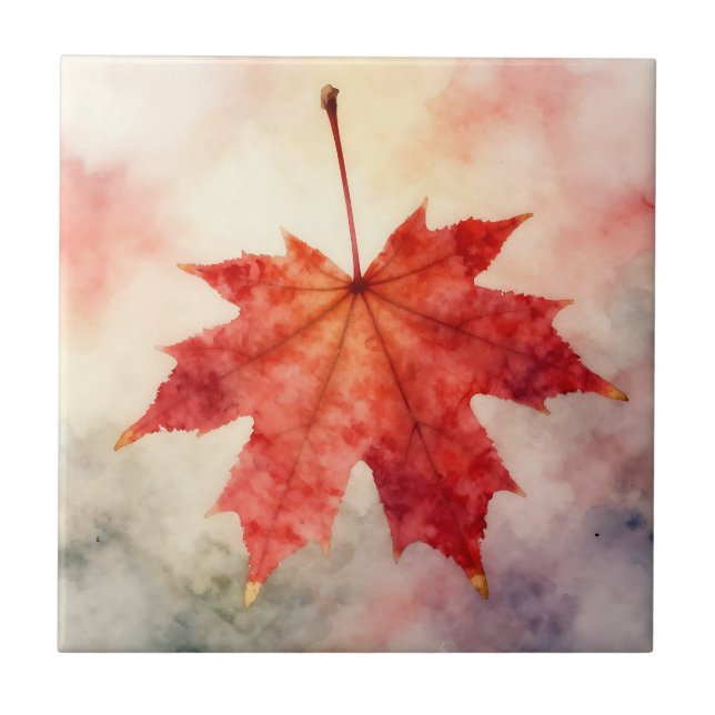 Vibrant Red Maple Leaf Watercolor Tile (Front)