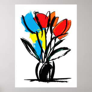 Vibrant Red Orange Tulips Bold Black Line Floral Poster