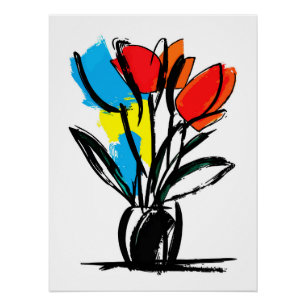 Vibrant Red Orange Tulips Bold Black Line Floral Poster