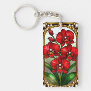 Vibrant Red Orchids in Ornamental Gold Frame Key Ring