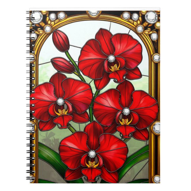 Vibrant Red Orchids in Ornamental Gold Frame Notebook (Front)