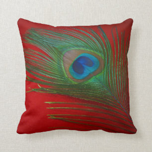 Vibrant Red Peacock Feather Cushion