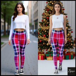 Vibrant Red Pink Aqua Modern Plaid Leggings