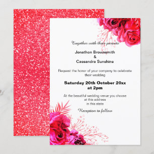 VIBRANT RED PINK GLITTER FLORAL BOUQUET WEDDING INVITATION