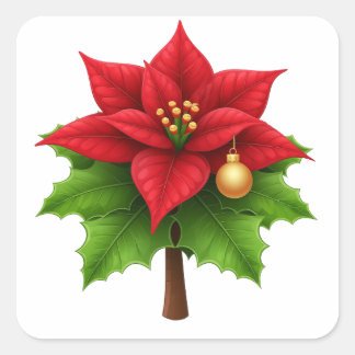 Vibrant Red Poinsettia Flower with Green Leaves Square Sticker