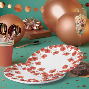 Vibrant Red Poppies Floral Pattern Party Paper Plate
