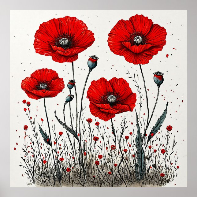 Vibrant Red Poppies Illustration Poster (Front)