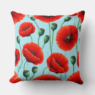Vibrant Red Poppies on a Light Blue Background Cushion
