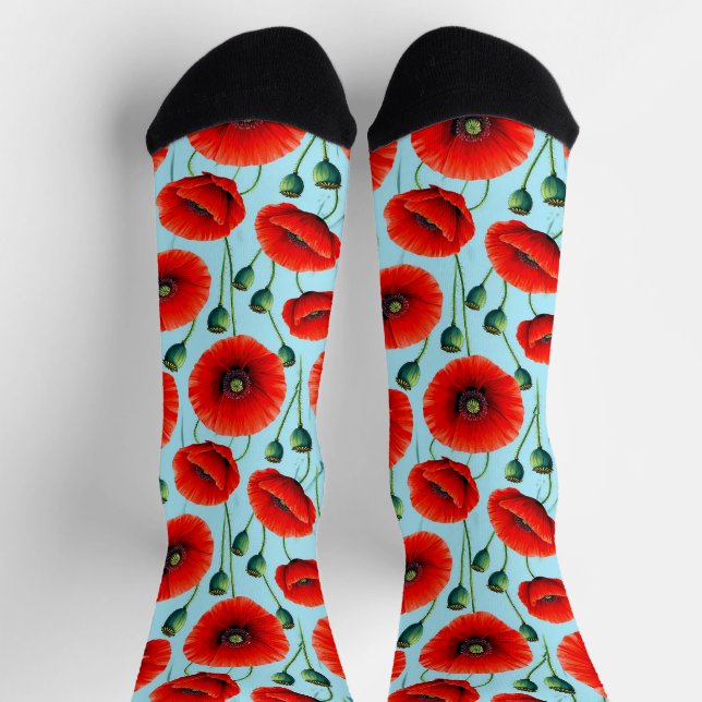 Vibrant Red Poppies on a Light Blue Background Socks (Top)