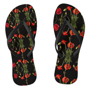 Vibrant Red Poppies On Black Jandals