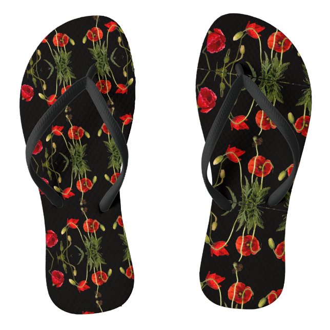 Vibrant Red Poppies On Black Jandals (Footbed)