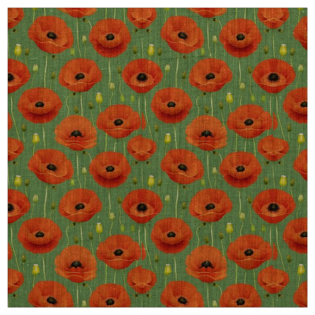 Vibrant Red Poppies Pattern on a Green Background Fabric (Swatch)