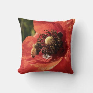 Vibrant Red Poppy and Honey Bee Throw Pillow