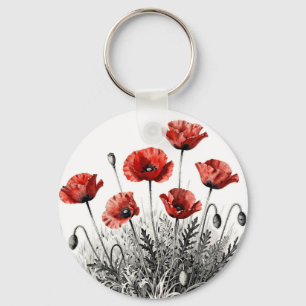 Vibrant Red Poppy Flower Meadow Key Ring