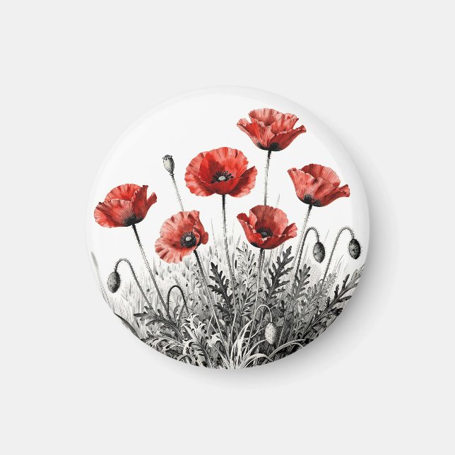 Vibrant Red Poppy Flower Meadow Magnet (Front)