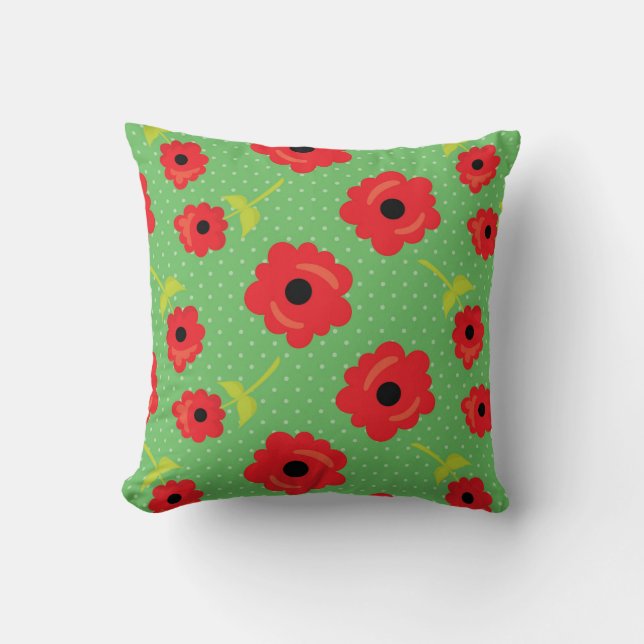 Vibrant Red Poppy Pattern Cushion (Front)
