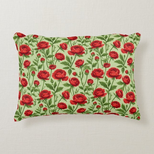 Vibrant Red Ranunculus Floral Pattern Decorative Cushion (Front)