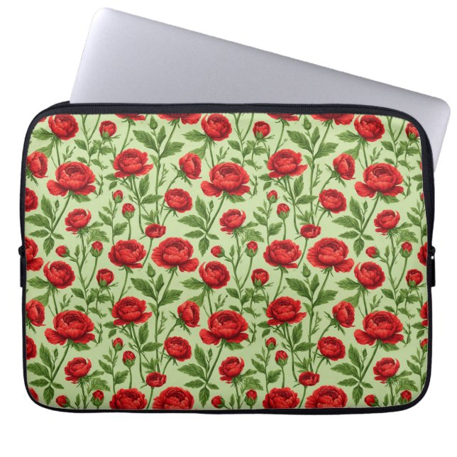 Vibrant Red Ranunculus Floral Pattern Laptop Sleeve (Front)