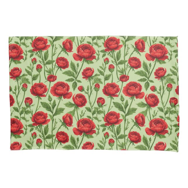Vibrant Red Ranunculus Floral Pattern Pillowcase (Front)