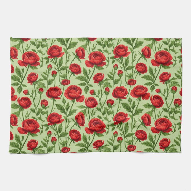 Vibrant Red Ranunculus Floral Pattern Tea Towel (Horizontal)