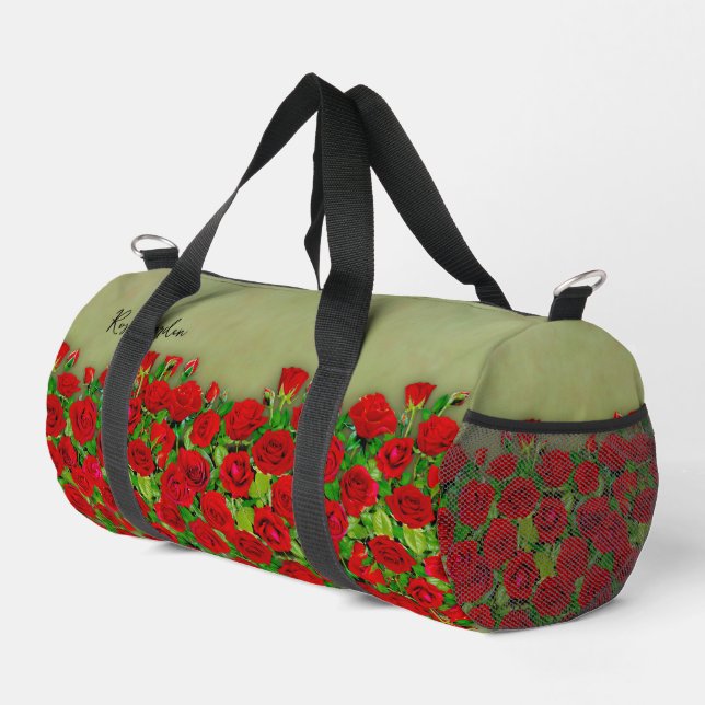 Vibrant Red Rose Garden Floral Pattern Duffle Bag (Right Corner)