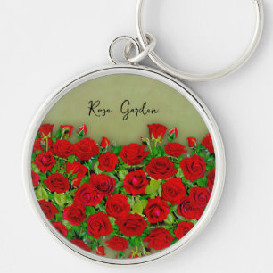 Vibrant Red Rose Garden Floral Pattern Key Ring
