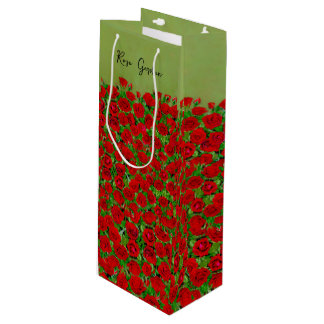 Vibrant Red Rose Garden Floral Pattern Wine Gift Bag