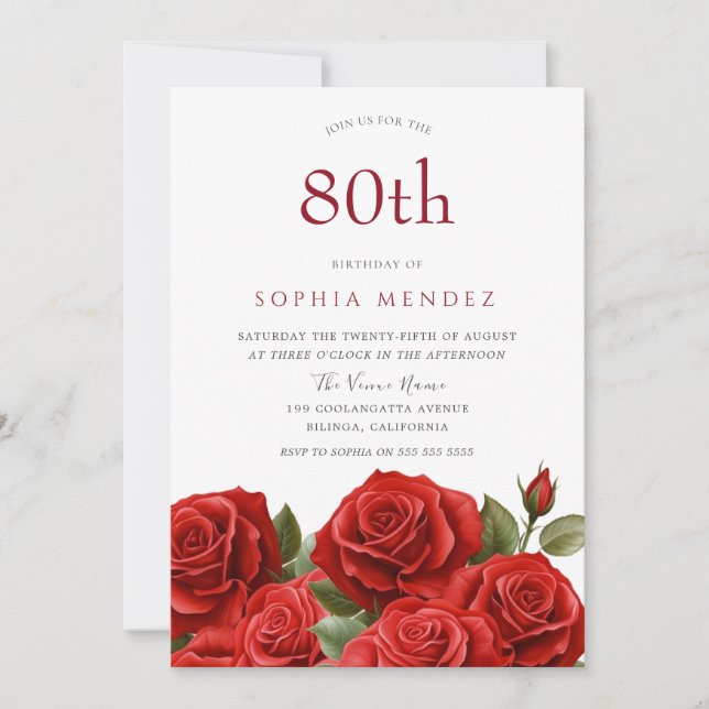 Vibrant Red Roses 80th Birthday Party Invitation (Front)