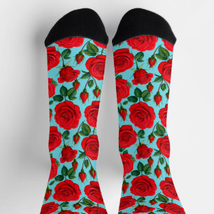 Vibrant Red Roses on a Light Blue Background Socks